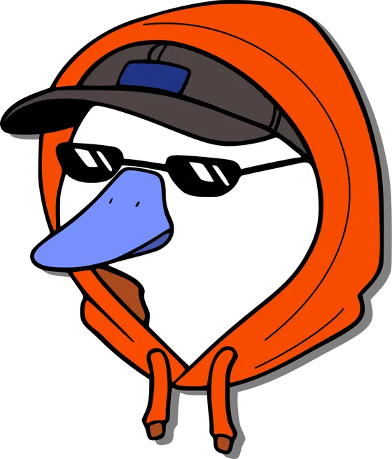 Bad Duck, our mascot: a duck in an orange hoodie, cap and sunglasses